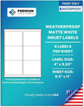 Premium Label Supply Waterproof Matte White Sticker Labels – 4" x 3.33" – Inkjet Printers Only – (6 per Sheet), 10 Sheets - 60 Total Adhesive Labels