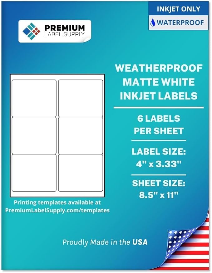 Premium Label Supply Waterproof Matte White Sticker Labels – 4" x 3.33" – Inkjet Printers Only – (6 per Sheet), 1000 Sheets - 6,000 Total Adhesive Labels