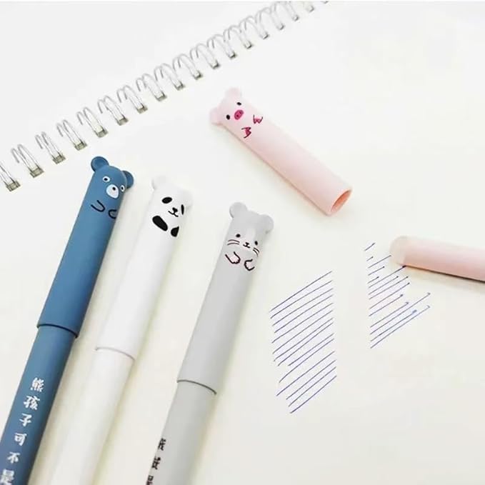 Piaogui 4pcs 0.5mm Erasable Gel Pens,Kawaii Cute Bear Pig Erasable Gel Pen Set Kawaii Pens Back to School Stationery Supplies for Writing Noting Journaling Kids Gifts (4Pcs)