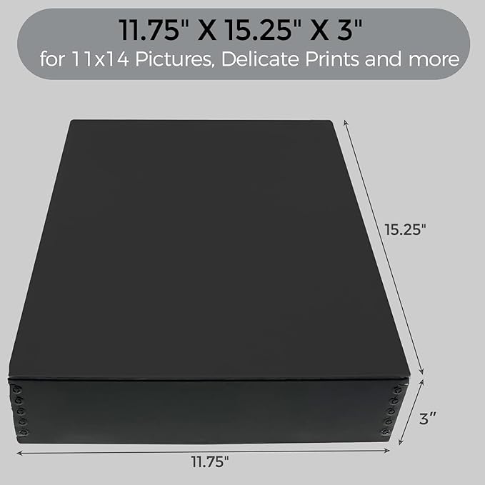 Lineco Archival 11 x 14 x 3 inches Museum Archival Storage Box, Drop Front Design, Acid-Free with Metal Edge. Preserves Photos Documents, Black