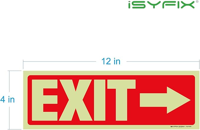 iSYFIX Exit Stickers Signs with Directional Right Arrow 2 Pack 12x4 Inch - Glow in the Dark Photoluminescent Vinyl for Office, School, Business, Warehouse - UV & Weather Resistant for Indoor/Outdoor Use