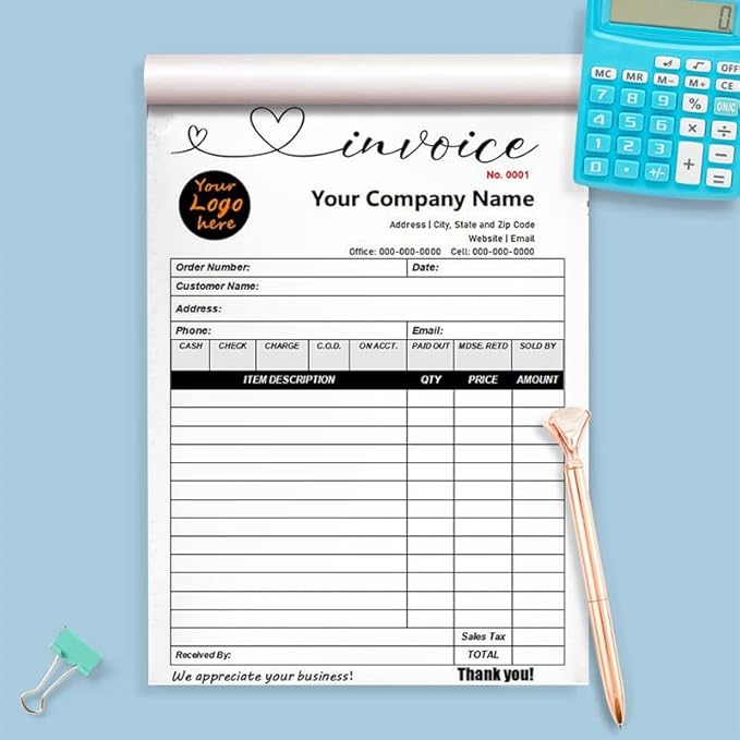 Custom Carbonless Sales Invoice Form Books for Small Business, Personalized NCR 3-Part Receipt Book with Carbon Copies, Cover Add Company Name, Address and Number Printed