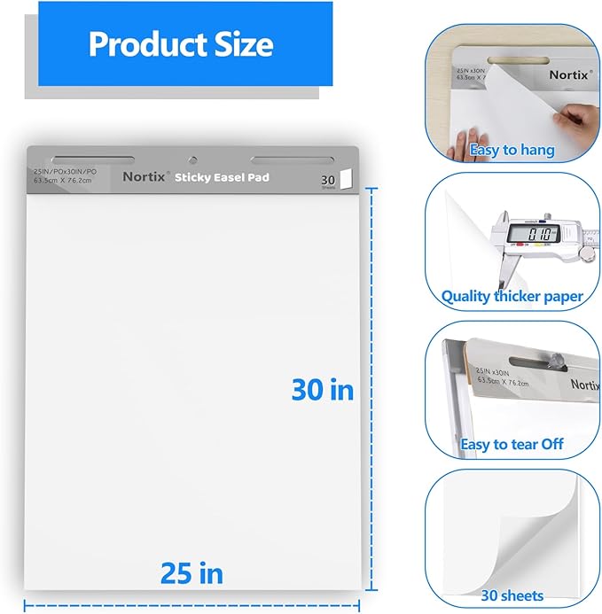 Nortix Flip Chart Paper, Sticky Easel Pads, Chart Paper for Teachers,Super Adhesive & Bleed-Resistant, Large Self-Stick Easel Paper for Classroom/Office, 25 x 30 inch, 30 Sheets/Pad, 8 Pads