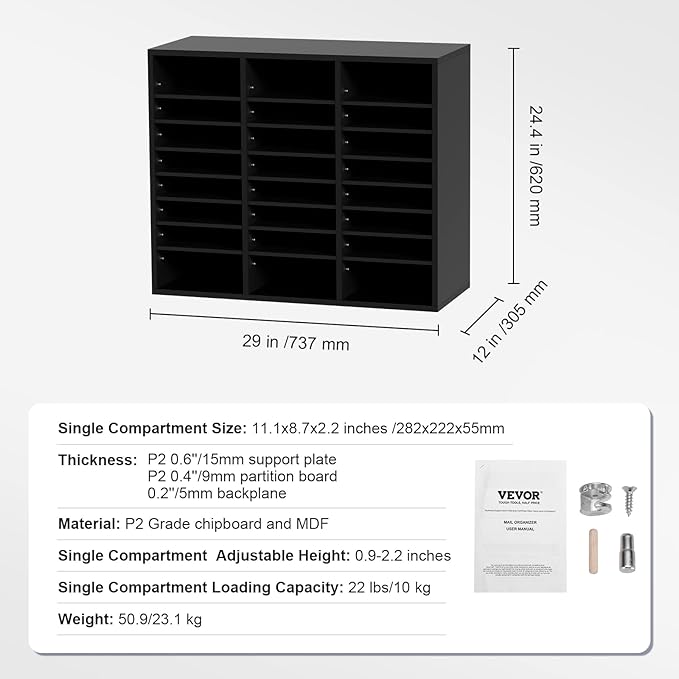 VEVOR Literature Organizers, 24 Compartments Office Mailbox with Adjustable Shelves, Wood Literature Sorter 29x12x24.4 inches for Office, Home, Classroom, Mailrooms Organization, EPA Certified Black