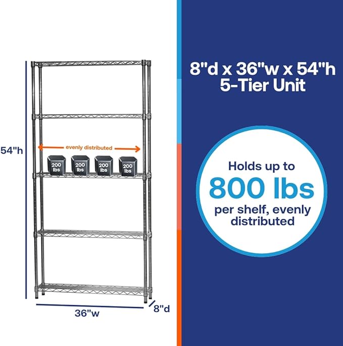 Shelving Inc. 8" d x 36" w x 54" h Chrome Wire Shelving with 5 Tier Shelves, Weight Capacity 800lbs Per Shelf