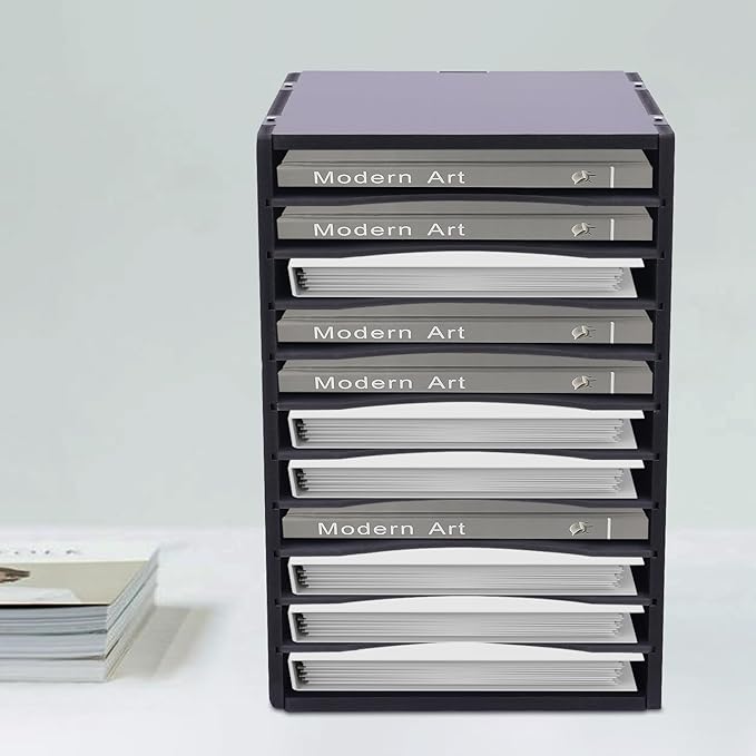 GUEYYSAN Vertical File Storage Rack, 11-Compartment Desktop Sorter Documents Box with Removable Shelves for Studios Office (Black)