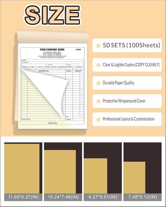 Custom Carbonless Invoice Book with Logo, Personalized Cover & Inner Pages, 2 Part NCR Receipt & Work Order Forms, Easy Tear, Writing Shield for Small Business (2-part [White/Yellow], 10.24*7.48INCH)
