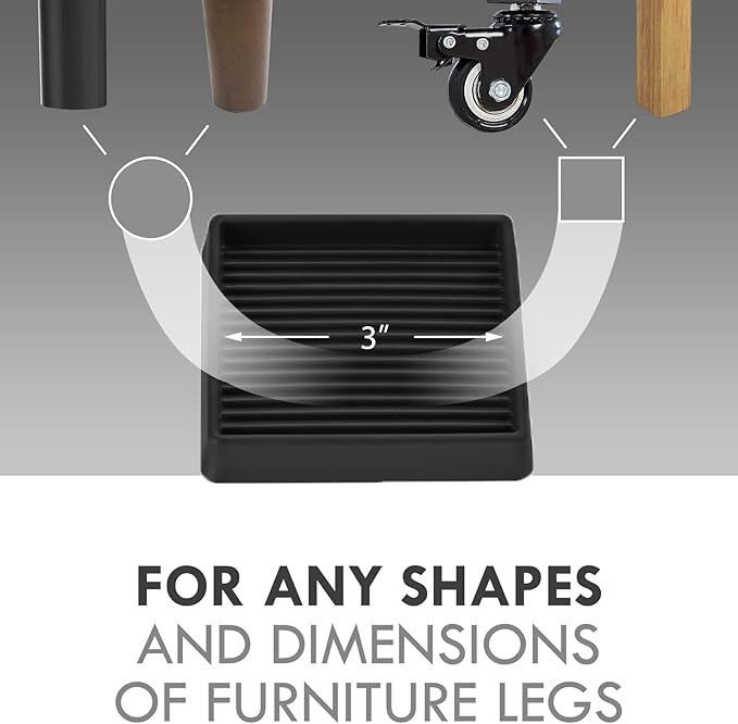 VOCOMO 3X3 Rubber Caster Cups, Non Slip Furniture Pads, Anti-Slip Furniture Gripper, Anti Skid Furnitures Feet, Anti Slide Floor Protector for Bed Couch Stoppers (4 Pack, Black)