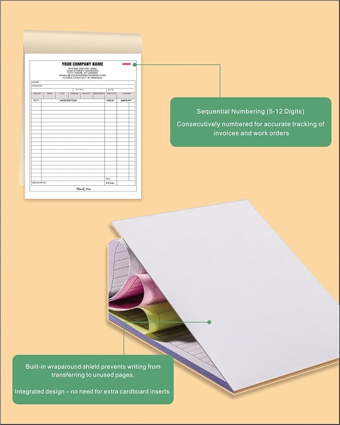 Custom Carbonless Invoice Book with Logo, Personalized Cover & Inner Pages, 2 Part NCR Receipt & Work Order Forms, Easy Tear, Writing Shield for Small Business (2-Part [White/Red], 7.48 x 5.12INCH)