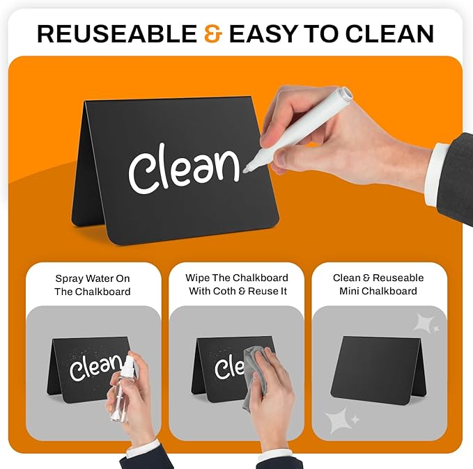 20 Pack Mini chalkboard signs for food, 4”x3” Small Reusable Chalk Board Signs w/Spray Bottle, Food labels for party buffet, Table Signs for Wedding, Name Tags & Bakery w/ 12 Markers & 2 Wiping Cloths