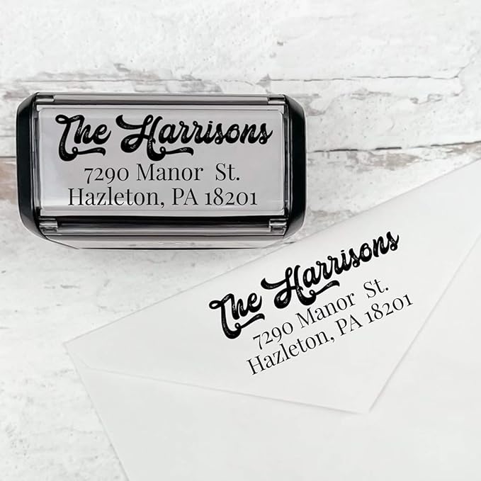 Self Inking Modern Address Stamps | Custom Return Address Stamper (Antique Script, Medium)