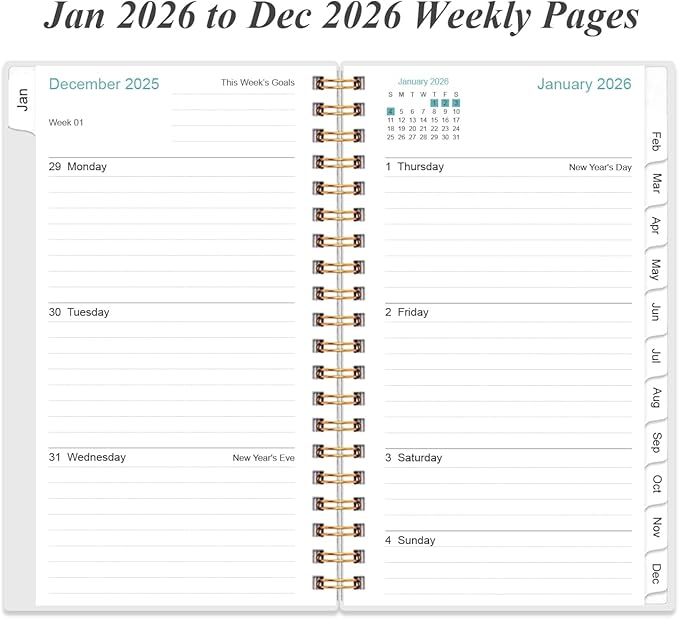 2026 Pocket Planner/Calendar - 2026 Planner from January 2026 - December 2026, Planner 2026 with 12 Tabs, Twin-Wire Binding, Inner Pocket, 3.75" x 6.75, Rose Leaf