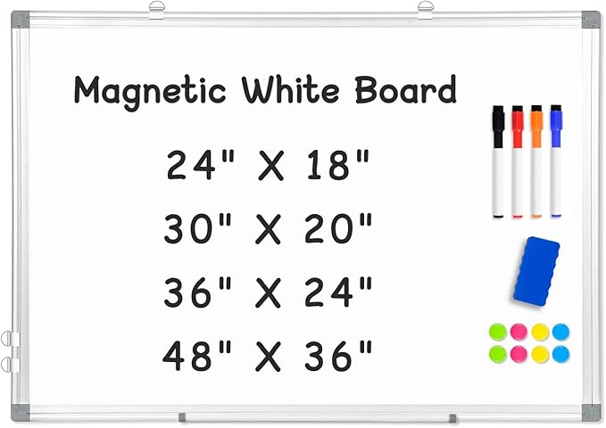 AMUSIGHT Double-Sided Magnetic Whiteboard, 24" x 18" Dry Erase Board Aluminum Frame for Wall, White Board Marker Board for Kitchen, Memo, School, Home, Office