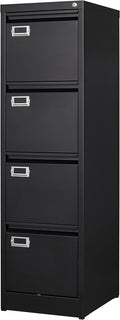 BYNSOE 4 Drawer File Cabinet with Lock Metal Vertical File Cabinet Office Home Vertical File Cabinet for A4 Legal/Letter Size Narrow File Cabinet Locked,Assembly Required (Black, 4 Drawers- Vertical)
