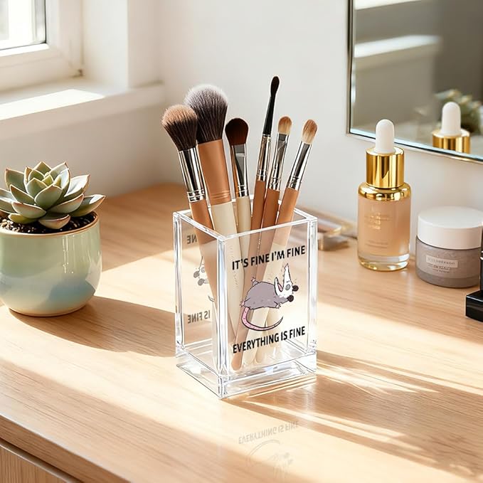 QYUVK It's Fine I'm Fine Everything Is Fin Acrylic Makeup Brush Pencil Holder Cup, Funny Opossum Pen Holder Gifts For Friends Nurse, Office Sarcastic Gifts for Women Men Coworker, Desk Organizer