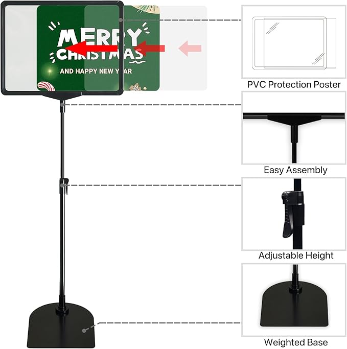 Sign Holder, 8.5 x 11 Inch Sign Stand with Adjustable Height Snap Open, Reusable Sign Stands for Display Advertising Business Signage, Vertical and Horizontal Two View Modes (Black, 12 Pack)