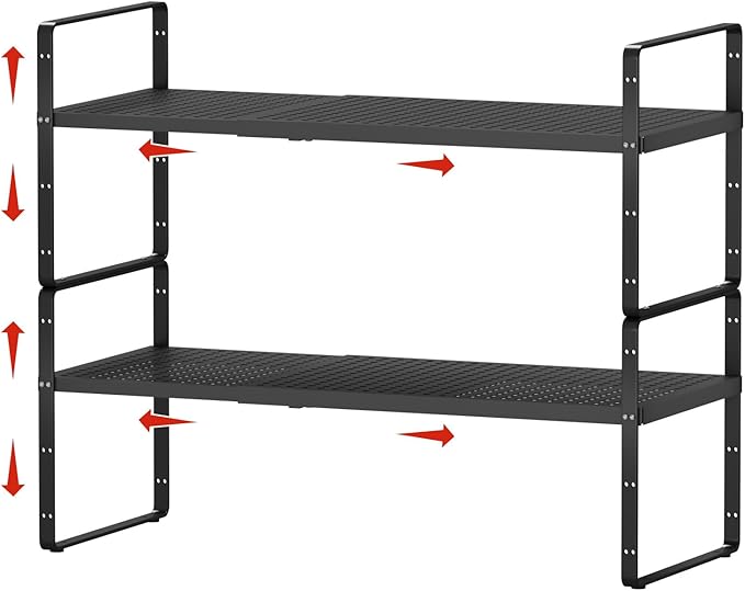 jkxoo 2Pack Expandable Cabinet Shelf Organizers, Stackable Metal Shelves Extender for Kitchen Countertop Storage, Adjustable Spices Shelves Rack Stand for Cupboard Pantry, Black