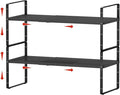 jkxoo 2Pack Expandable Cabinet Shelf Organizers, Stackable Metal Shelves Extender for Kitchen Countertop Storage, Adjustable Spices Shelves Rack Stand for Cupboard Pantry, Black