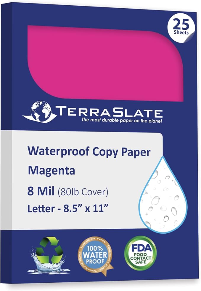TerraSlate Waterproof Paper, Rip-Proof Colored Paper, Magenta Pink, 25 Sheets, 8 Mil (80 lb Cover), 8.5" x 11", Laser Printer and Copy Machine Compatible
