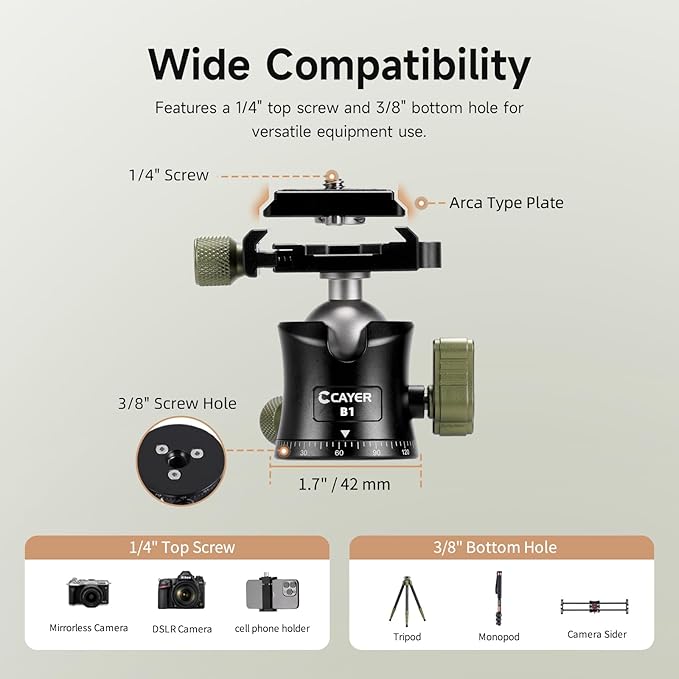 Cayer CH35 Travel Camera Tripod with Ball Head, Compact Carbon Fiber Tripod, 53.6" Compact Camera Stand，Max Load 17.6lbs for Mirrorless Cameras Video Camcorder Mobile Phone Webcam