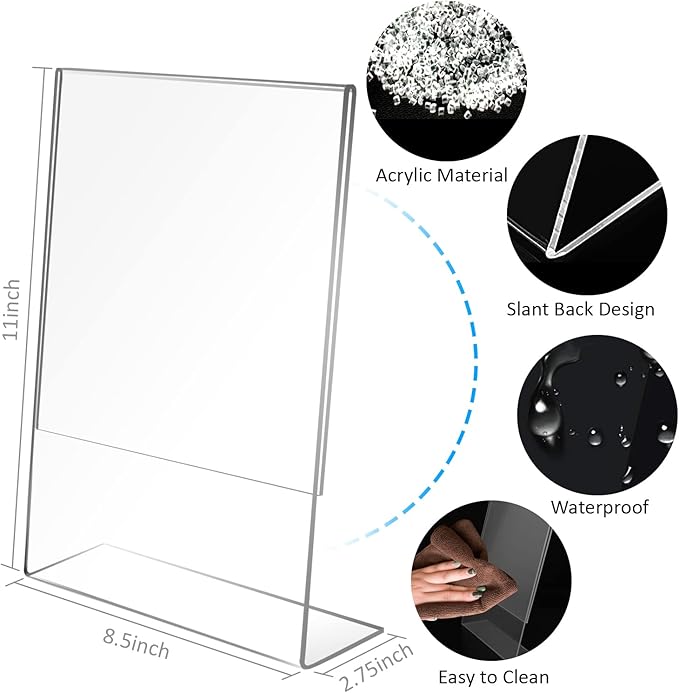 Ludery 8.5x11 Inches Acrylic Sign Slant Back Holder, Plastic Display Stand,Brochure Holder, Table Top Sign Holder For Office, Home, Store, Restaurant… (4pack)