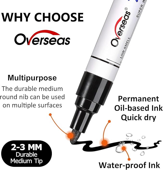 Overseas Metallic Silver Paint Marker Pens - 36 Pack Oil-Based Permanent Markers Set, Quick Dry, Waterproof, Medium Tip Paint Pens Bulk for Wood, Metal, Rock, Ceramic, Plastic, Canvas, Glass, Rubber