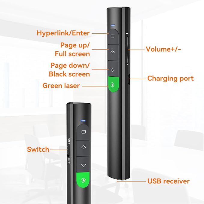 Wireless Presentation Clicker PowerPoint Presenter Remote: Rechargeable Green Laser Pointer Clickers for Computer/Mac/PPT/Slideshow/Google Slide Advancer