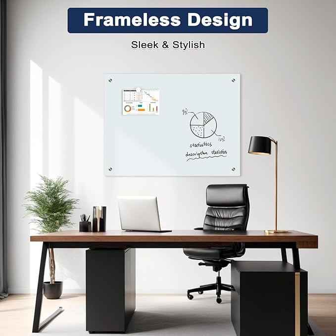 Magnetic Glass Whiteboard, 24" x 18" Glass Dry Erase Board for Wall, Frameless White Board with 1 Marker Tray and 3 Magnets for Office, Home, Classroom - Normal White
