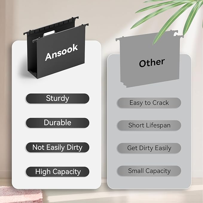 ANSOOK Extra Capacity Hanging File Folders Letter Size, 3 Inch Reinforce Expanding File Folder,12 Pack Plastic File Cabniet Folders,Hanging File Frame Organizer,File Folder Hanging with Tabs