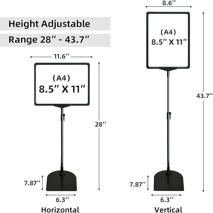 ONCEMORE Sign Holder, 8.5 x 11 Inch Sign Stand with Adjustable Height Snap Open, Reusable Sign Stands for Display Advertising Business Signage, Vertical and Horizontal Two View Modes (Black, 10 Pack)
