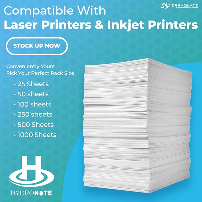 TerraSlate Waterproof Paper - Hydronote 54lb, 8.5” x 11” (250 Sheets) | Weatherproof Copy Paper for Holiday Printing, New Year Menus, and Durable Christmas Crafts