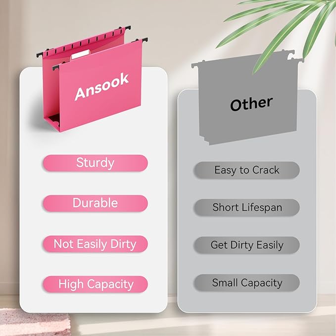 ANSOOK Plastic Hanging File Folders Letter Size, 3 Inch Reinforce Expanding File Folder,12 Pack File Cabinet Folders,Heavy Duty Hanging File Organizer,File Folders Hanging with Tabs