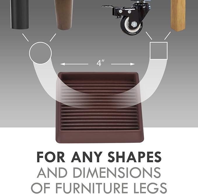 VOCOMO 4X4 Rubber Caster Cups, Non Slip Furniture Pads, Anti-Slip Gripper, Anti Skid Furniture Feet, Anti Slide Floor Protector for Bed Couch Stoppers - 8 Pack, Brown