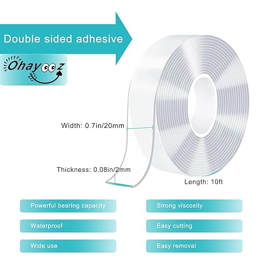 Ohayooz® Extra Strong Double Sided Tape Heavy Duty Removable 10FT, Clear Sticky Nano Adhesive Wall Tape for Hanging Picture, Poster, Carpet, Photo Deco