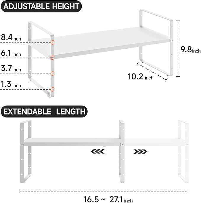 jkxoo 16.5-27’’L Expandable Kitchen Shelf Organizer, Stackable Shelves Organizer, Adjustable Height Pantry Spice Rack for Cabinet, Countertop, Pantry and Cupboard, White