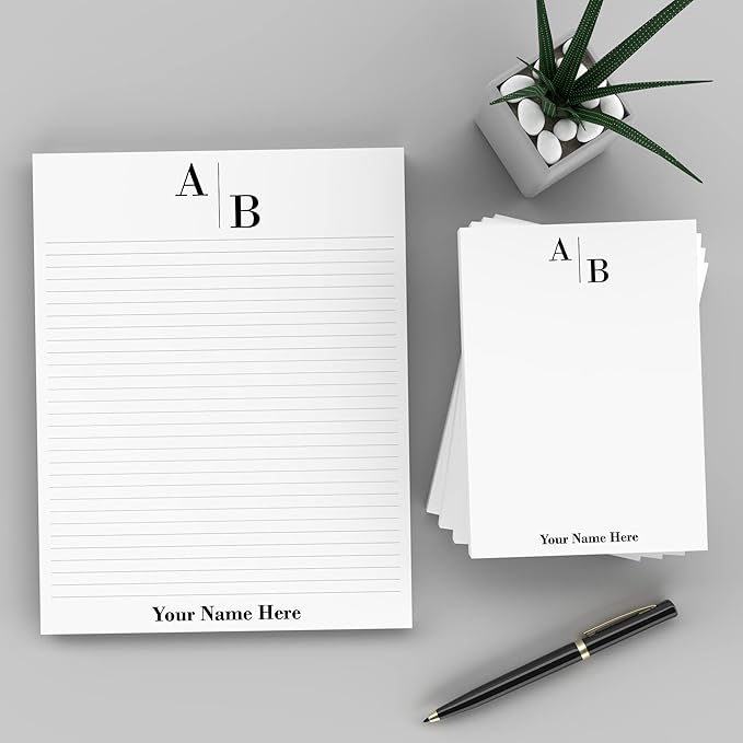 PrintPPS Personalized Monogram Notepads with your 2 Initials Diagonally - 4 Pack Gift Set of 5 x 7 @ 50 Sheets Per Pad - Optional Ruled Lines - Custom Stationery For To Do Checklists, and Gifts