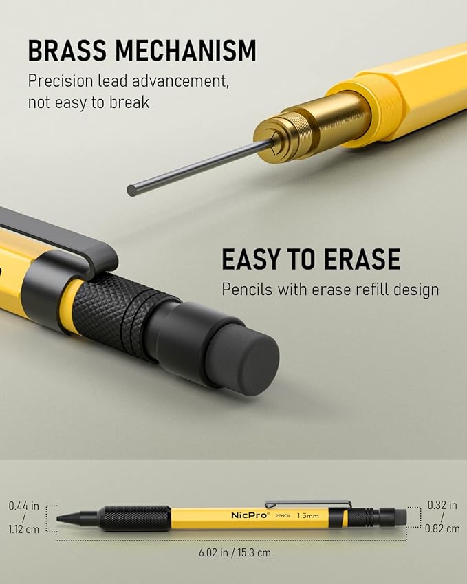 Nicpro 3 PCS 1.3 mm Mechanical Pencil Set with 48 Lead Refills, 3 Eraser - Weatherproof Metal Barrel, Heavy Duty Carpenter Pencil MP2000 for Outdoor Marking Drafting Drawing Woodworking - with Case