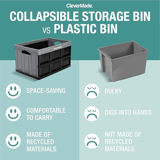 CleverMade Collapsible Storage Bins - Obsidian 3 Pack 32L - Stackable Containers Heavy Duty Capacity Folding Crates - Space-Saving for Home