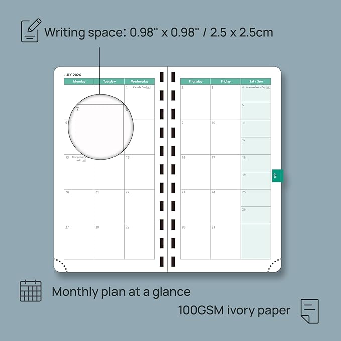 POPRUN 2026 Pocket Planner (Slim Size 3.5" x 6.5") Weekly and Monthly Calendar for Purse, with Hourly Time Slots, 100GSM Thick Paper, Spiral Soft Cover, Pen Holder - Pink