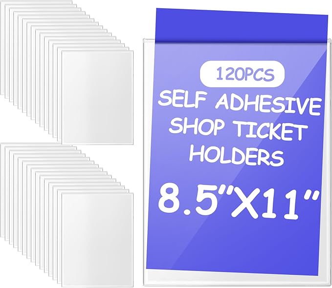Outus Self Adhesive Shop Ticket Holders Clear Plastic Sleeves Adhesive Pockets Work Order Job Ticket Holders for Home Office Posting Signs(9 x 12 Inch,120 Pcs)