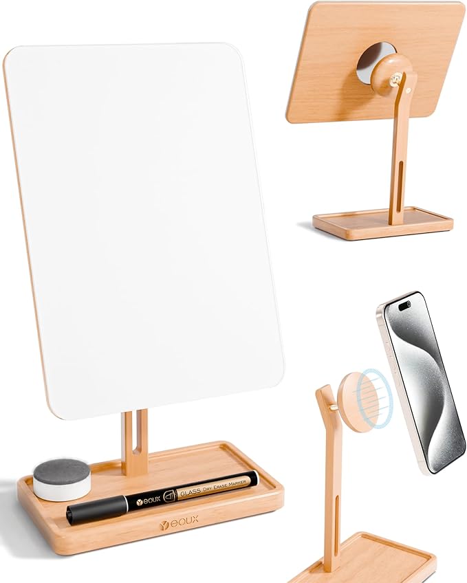 YEOUX Premium Desktop Glass Whiteboard & Magnetic Phone Stand 2-in-1 | 360° Adjustable | Solid Wood | Compatible with MagSafe, Small Dry Erase Board for Office Home Desk