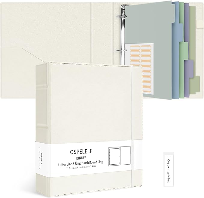 Ospelelf Vintage Hardcover 3 Ring 2 inch Leather Binder, Professional Binders Organizer Suitable for Letter Size Documents, Binder Dividers with Tabs, Beige