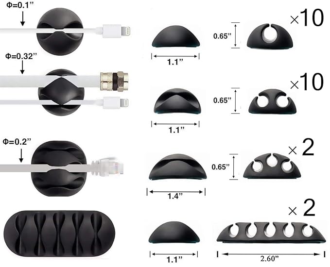 OHill Desk Cable Management Cord Organizer, 24 Pack Black Self Adhesive Cord Holder Cable Clips, Ideal Cable Organizer Wire Keeper for Desk, Nightstand, Phone Charger, Computer, Home, Office, Car