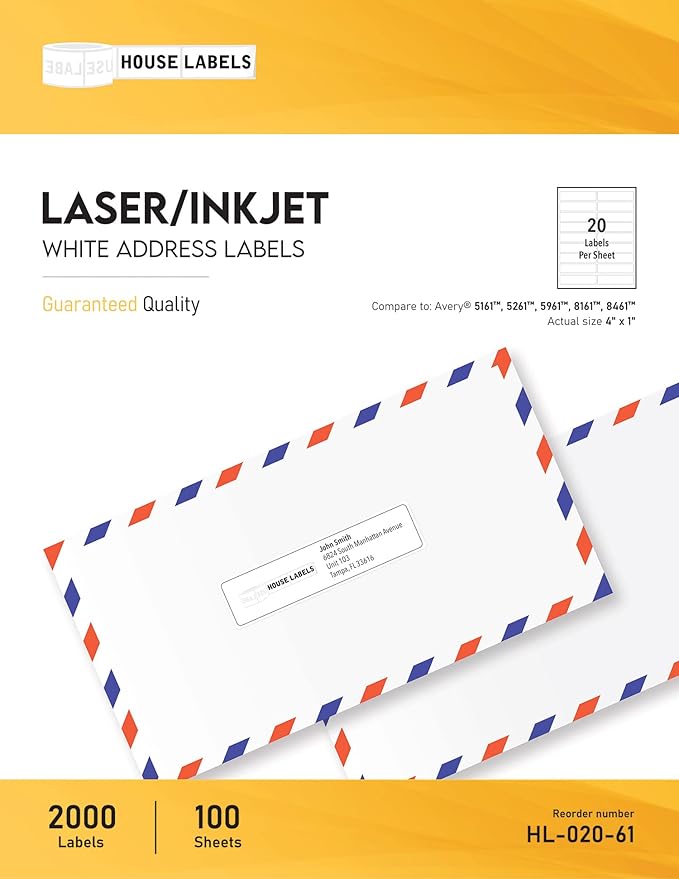 HOUSELABELS 20-up Shipping Labels (4" x 1") for Laser and Inkjet Printers, 50 Sheets
