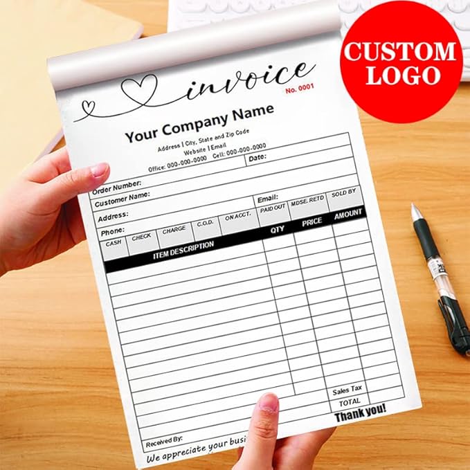 Custom Carbonless Sales Invoice Form Books for Small Business, Personalized NCR 3-Part Receipt Book with Carbon Copies, Cover Add Company Name, Address and Number Printed