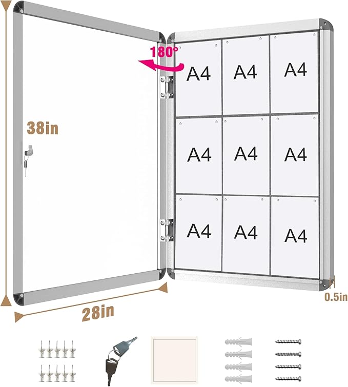 Mifuro 38"x28" Enclosed Bulletin Board, Lockable Weather-Resistant Aluminum Cork Noticeboard for School & Office, Silver Frame w/Grey Flet