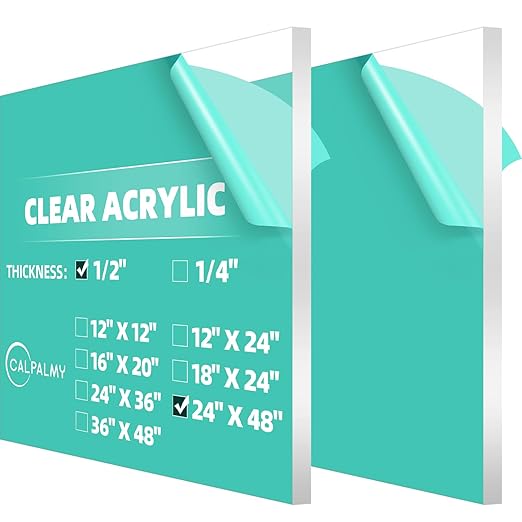 CALPALMY (2 Pack) 1/2" Thick Clear Acrylic Sheets 24" x 48", Pre-Cut Plexiglass Sheets for Craft Projects, Acrylic Signs, Display Cases or Shelving and More - Easy to Cut with Power Saw etc