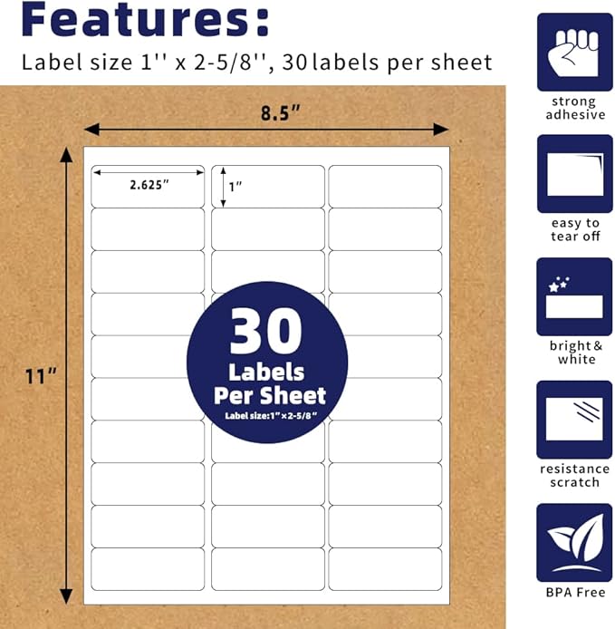 POLYSELLS 1" x2-5/8 Self Adhesive Address Labels, 30UP Blank Shipping Labels, FUSKU, FBA Mailing Labels for Inkjet and Laser Printer, 15000 Sticker Labels (500 Sheets), 30 Labels per Sheet
