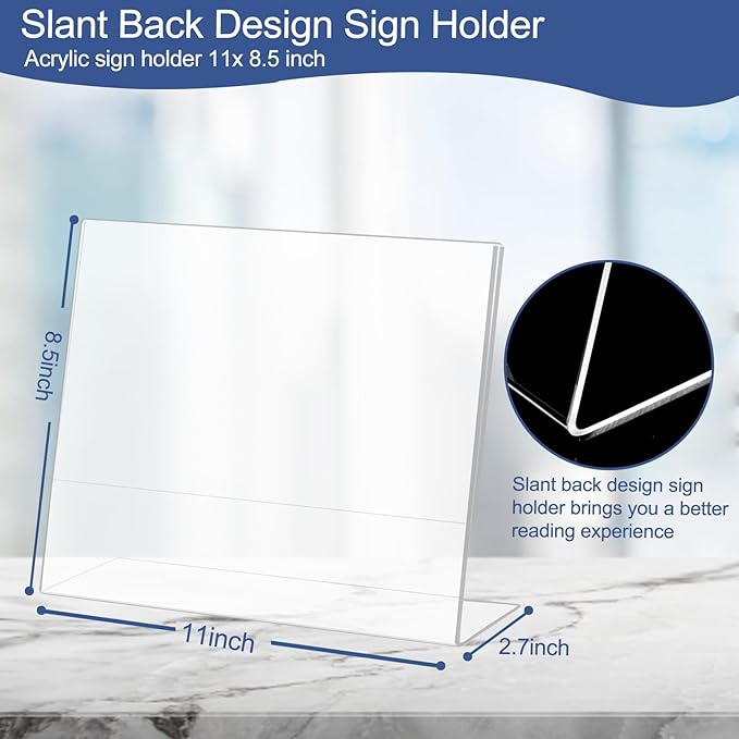 Wbtran Slanted Back Acrylic Sign Holder 8.5 x 11 Horizontal, Clear Tabletop Stands for Display 11 x 8.5, Plastic Paper Holders for Office, Home, Restaurant (6 Pack)