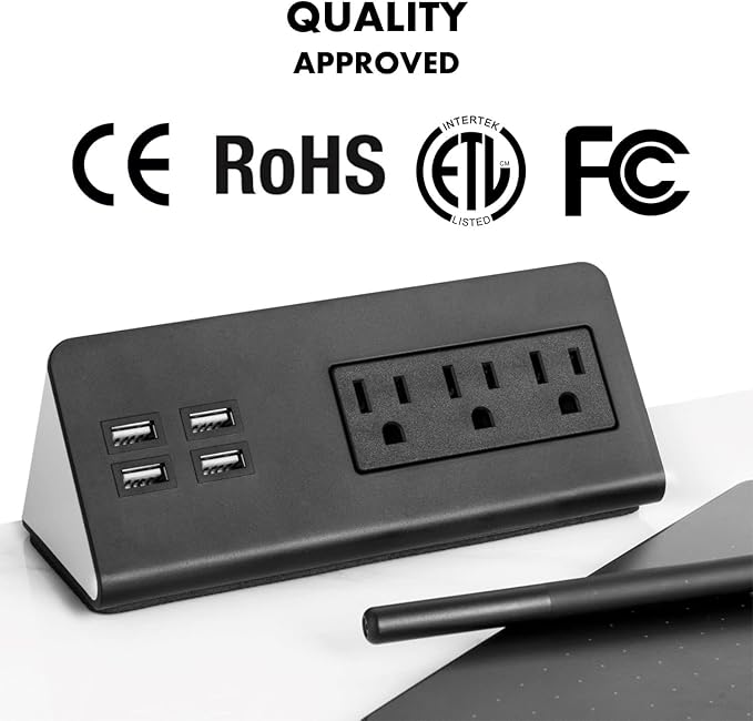 Kable Kontrol Desk Clamp Power Strip with 4 USB-A Ports, Nightstand Charging Station, 3 AC Outlets, Fast Charger, Easy Installation for Home, Offices, Hotels – 4.9 Ft, Black, 1 Pc